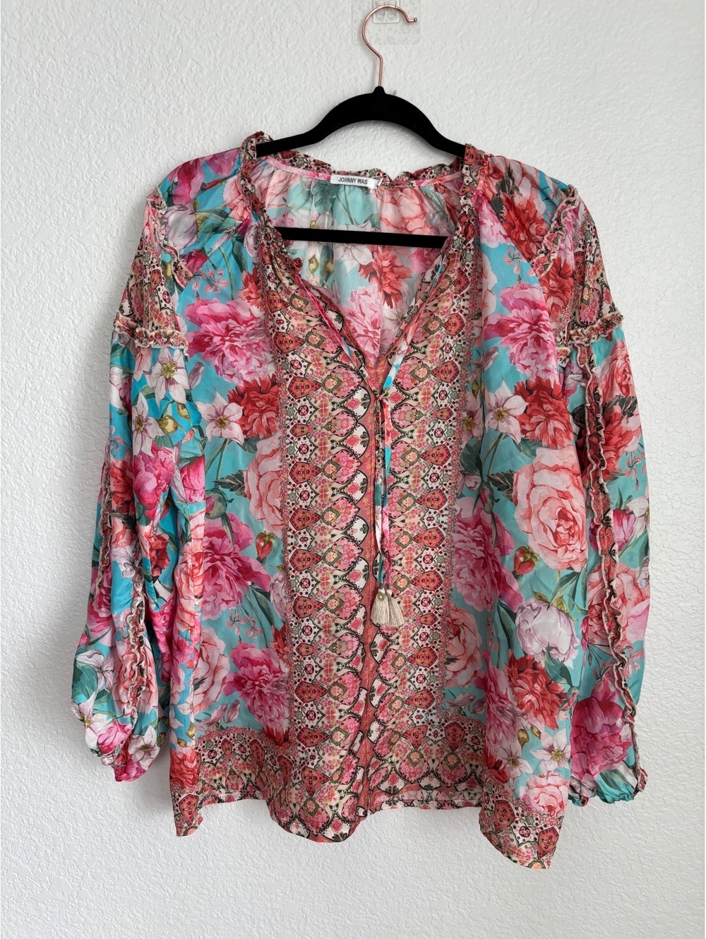 Johnny Was M Turquoise Pink Floral Paisley Ruffle Tassel Boho Blouse Top